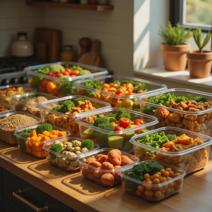 Notebook and fresh vegetables arranged for weekly meal planning